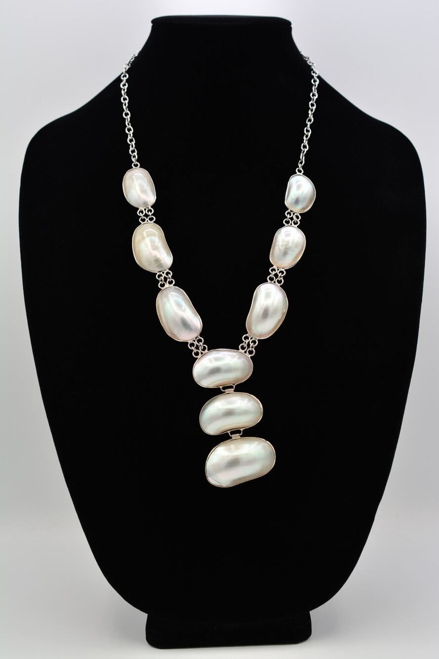 Vintage Mother of Pearl Shell Statement Necklace Silver Long Y Drop Boho Bin7B